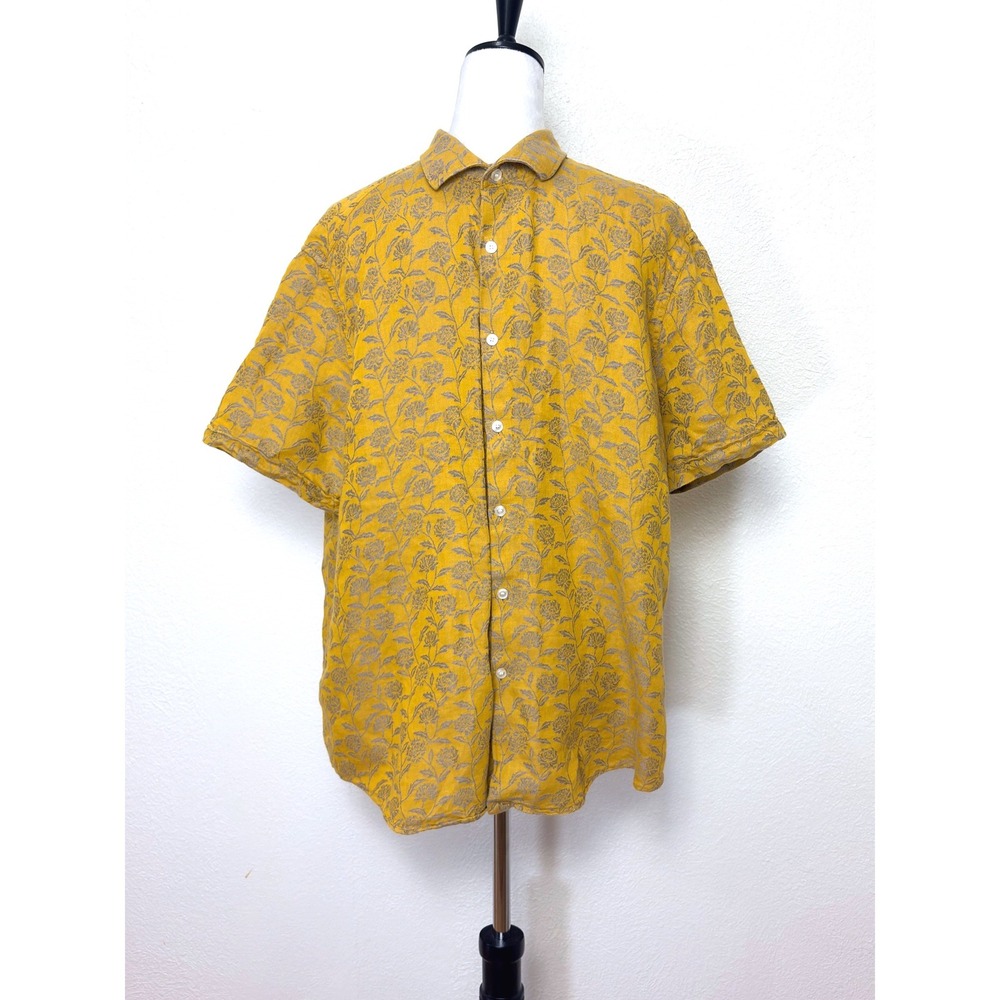 Baird McNutt Irish Linen Cotton Yellow Floral Jacquard Button Up Top Size XL